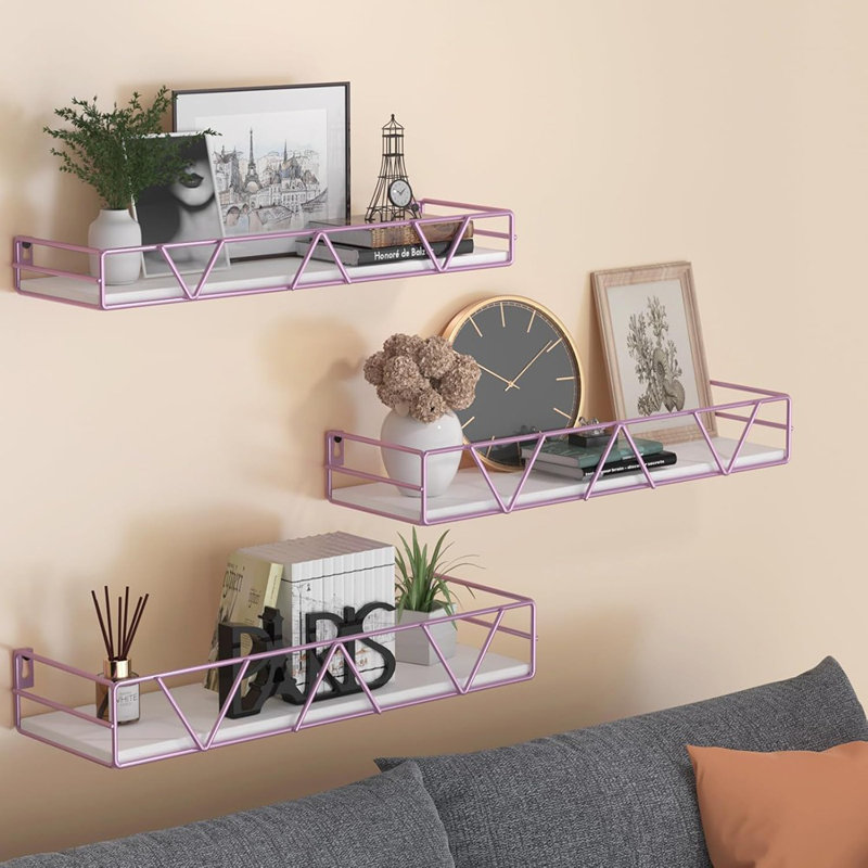 Floating Shelves Set Of 3, Home Wood Wall Shelf, Farmhouse Shelf For Bedroom, Wall Mounted Floating Shelf For Living Room, Bedroom, Bathroom, Kitchen, Office, Pink