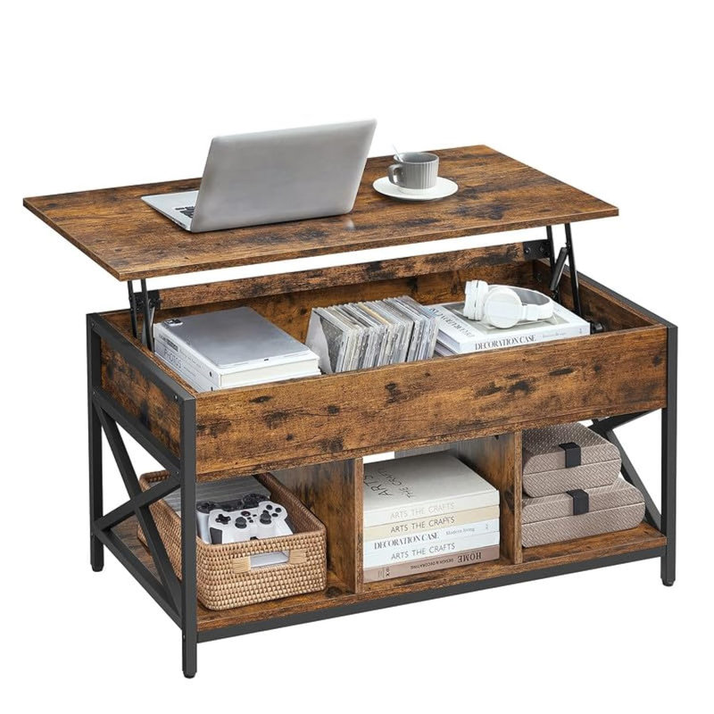 Rustic Brown and Black Lift-Top Coffee Table with Storage