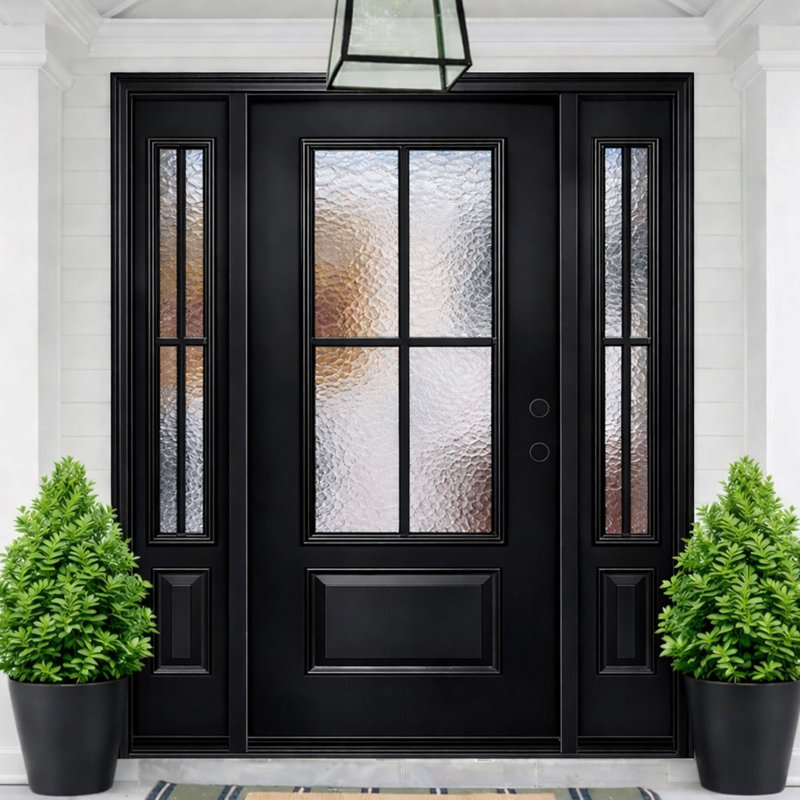 64 po X 80 po Porte d'entrée en fibre de verre noire avec verre martelé et deux panneaux latéraux InsWing, Gauche