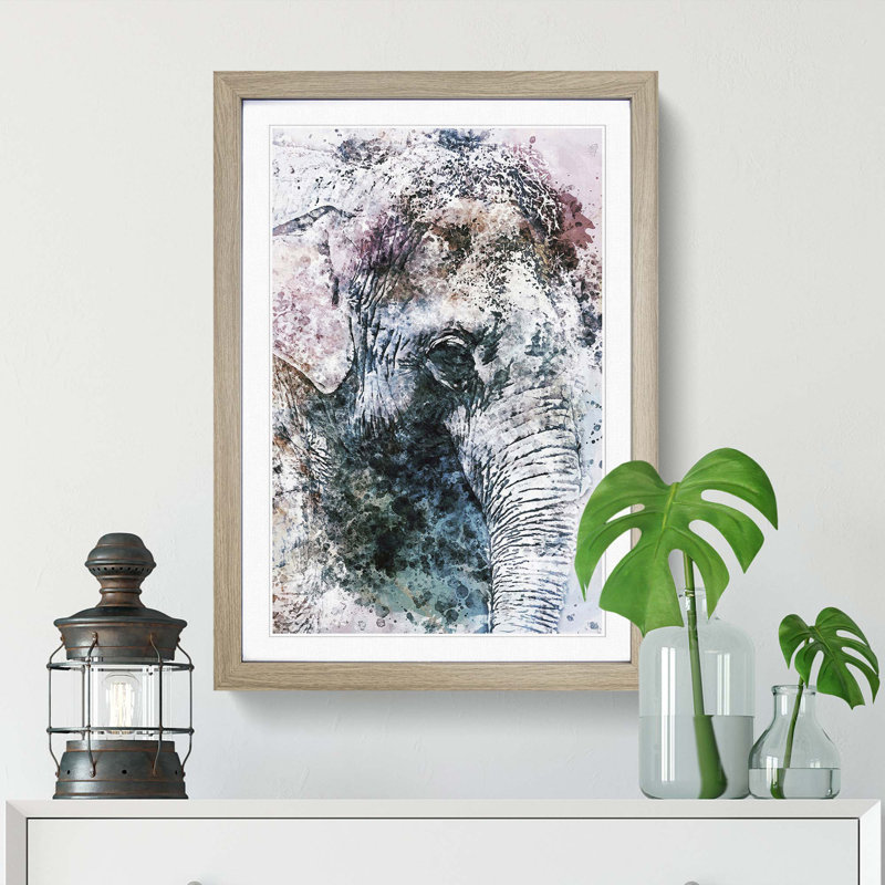 Graceful Elephant Portrait in Abstract - Picture Frame Painting Print, 87cm H x 62cm W x 2cm D, Oak Framed