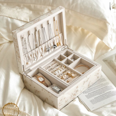Vintage Floral Butterfly Glass Jewelry Box with Interior Compartments, French Style Organizer for Rings and Necklaces