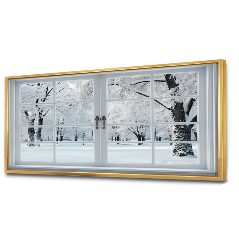 Winter Forest Window Views I - Winter Landscape, reproduction d'art sur toile encadrée, Cadre flottant doré