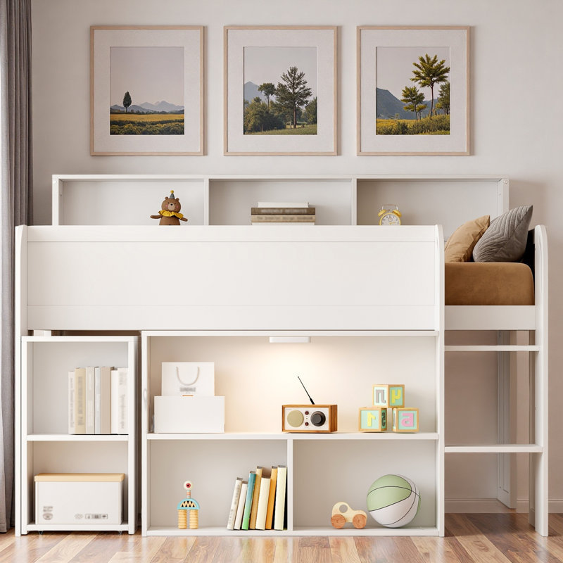 Lit mezzanine avec plusieurs tablettes de rangement, bureau et DEL, Noyer