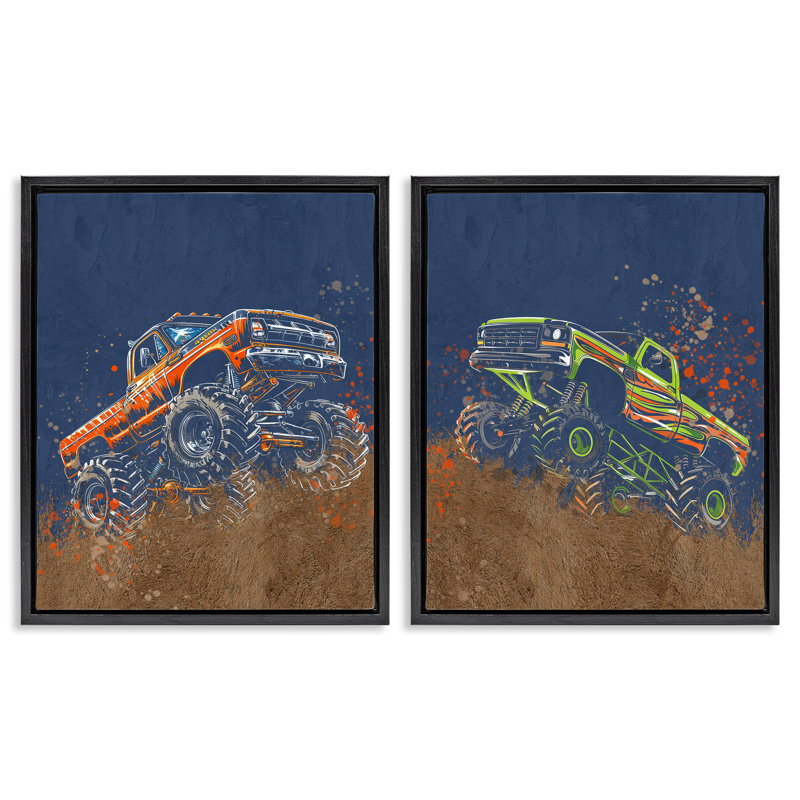 Ensemble de cadre flottant 2 pièces Monster Truck Jam, design par Kim Allen, H 31 po x l 25 po, Cadre flottant noir de jais