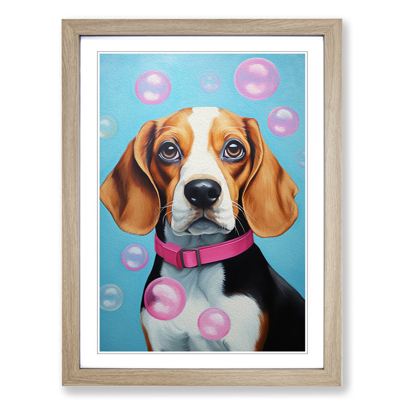 Beagle Bubble Gum - Framed Print, 64cm H x 46cm W x 2cm D, Oak