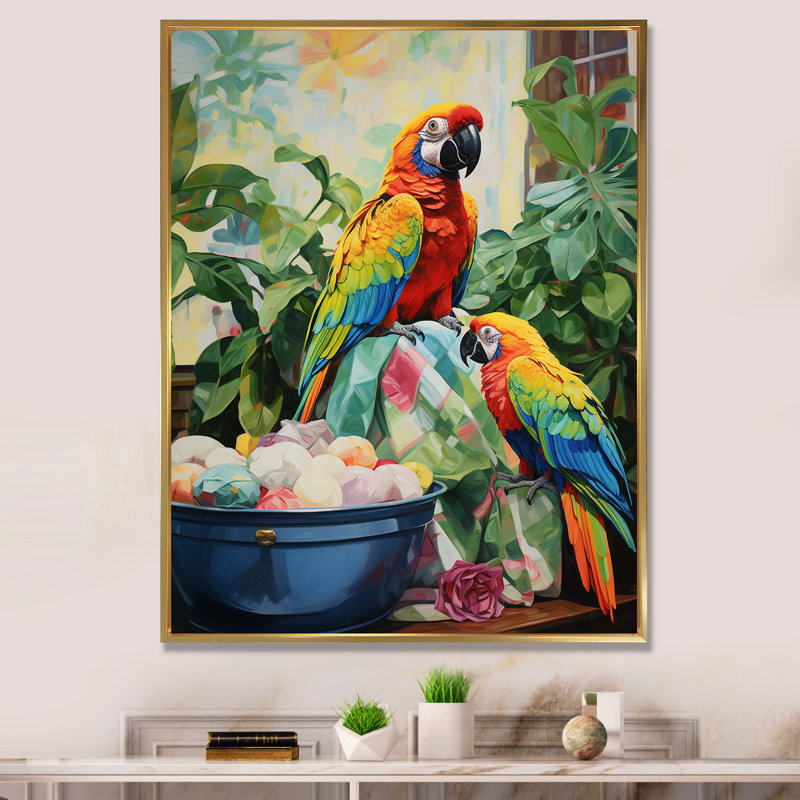 «Red Parrot Paradise I», art mural perroquet, Cadre flottant doré, H 32 po x l 16 po x P 1 po
