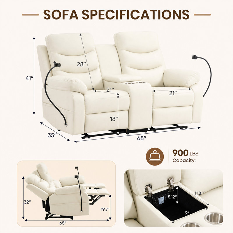 Canapé inclinable manuel, canapé inclinable 2 places, causeuse multifonctionnelle résistante aux égratignures pour chat avec console centrale, porte-gobelets et pochettes de rangement pour salon, véhicule récréatif, appartement, cinéma maison