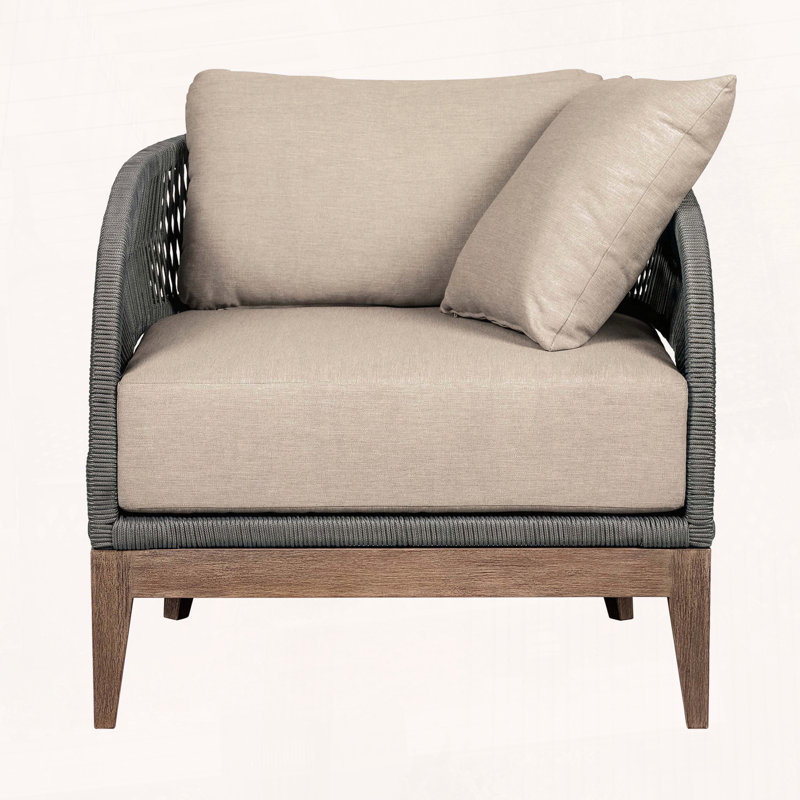 Chaise de terrasse Orbit - Bois d'eucalyptus vieilli avec corde grise et coussins en oléfine taupe