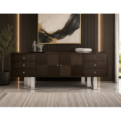 Bravo 79" Wenge Fully Assembled Buffet with Silver Stainless Steel Accents