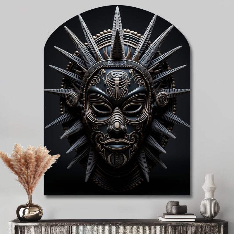 Masque africain Tribu I - art mural africain en forme d'arche de masque, impression asymétrique en métal noir