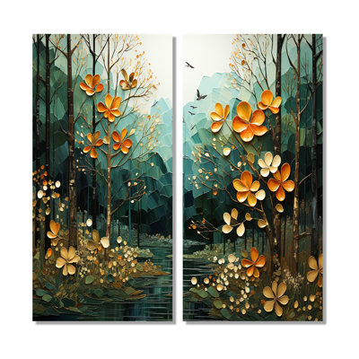 «Forest Enchanted Canopy Patchwork II», art mural corail