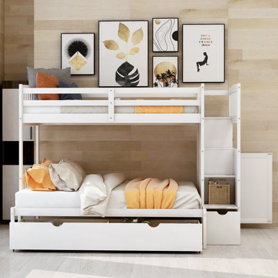 Lit superposé simple au-dessus de double / simple avec tablettes de rangement et tiroirs, blanc