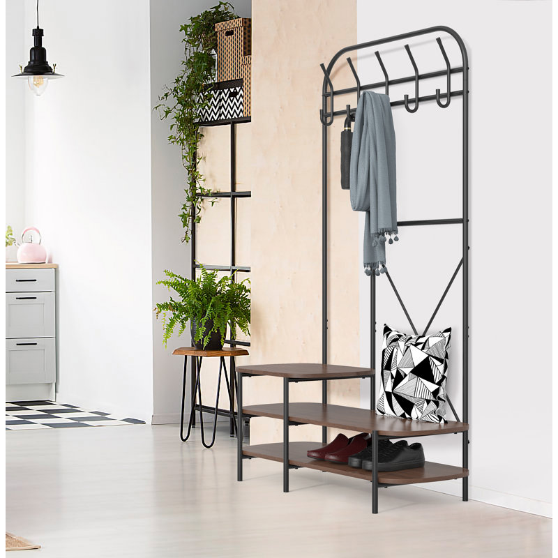 Bruton Industrial Hall Tree with Wood Shelves, Brown