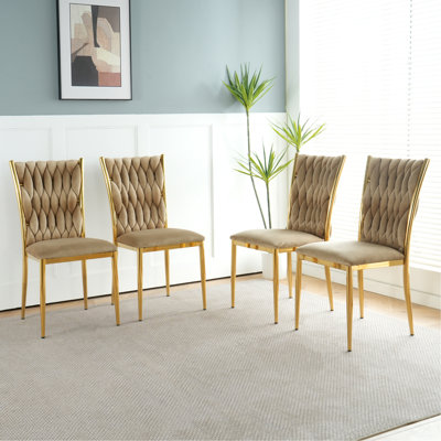Chaise de salle à manger moderne simple en velours brun, chaise de table pour étudiant à dossier de tabouret de chambre familiale, pieds de chaise en métal plaqué or, convient à la cuisine de la salle à manger (ensemble de 4)