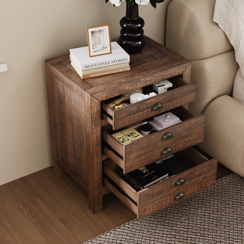 Table de chevet à trois tiroirs en bois, Ensemble de 2