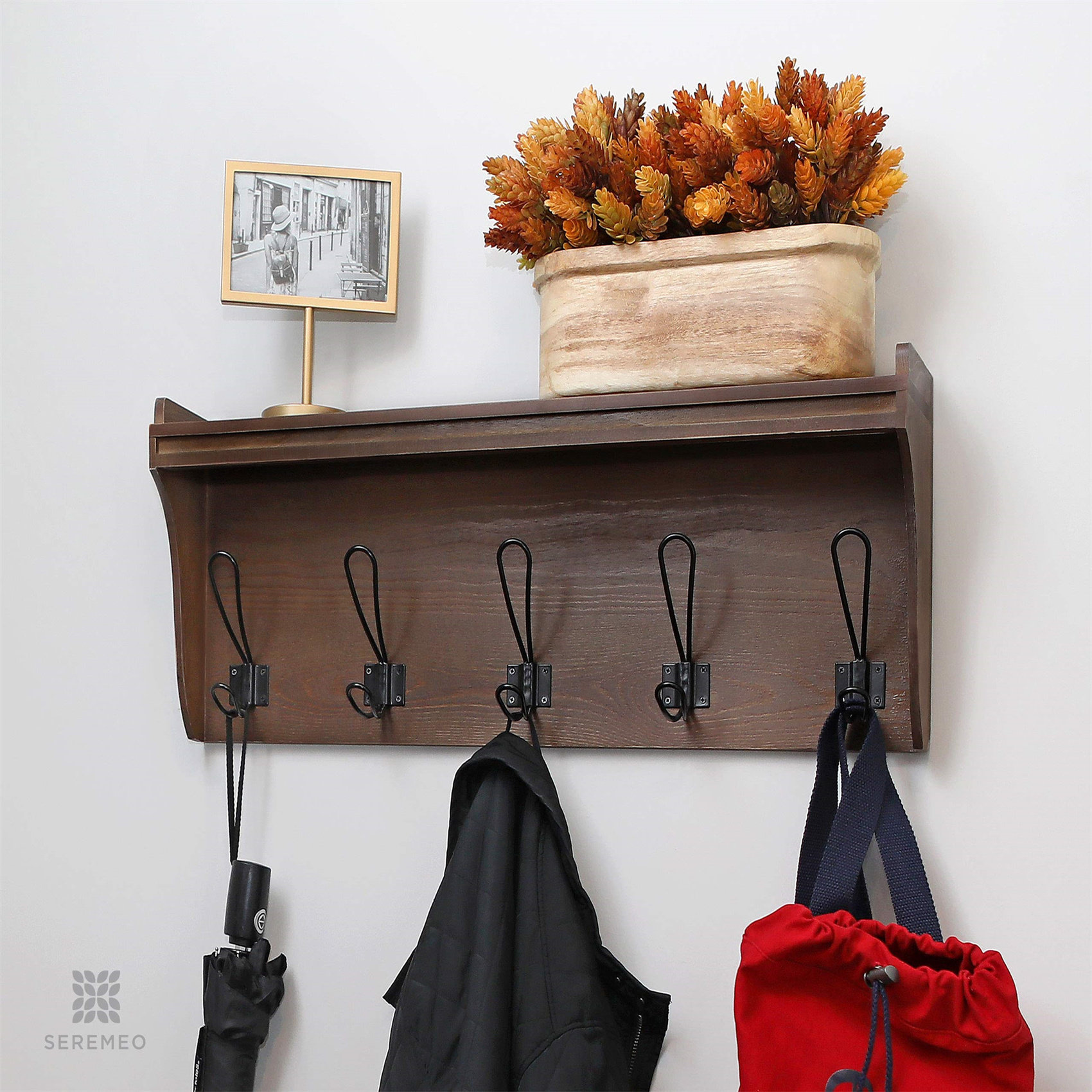 Coat Hooks with Shelf Wall-Mounted, Rustic Wood Entryway Shelf with 5  Vintage Metal Hooks, Farmhouse Mounted Coat Rack and Upper Shelf for  Storage