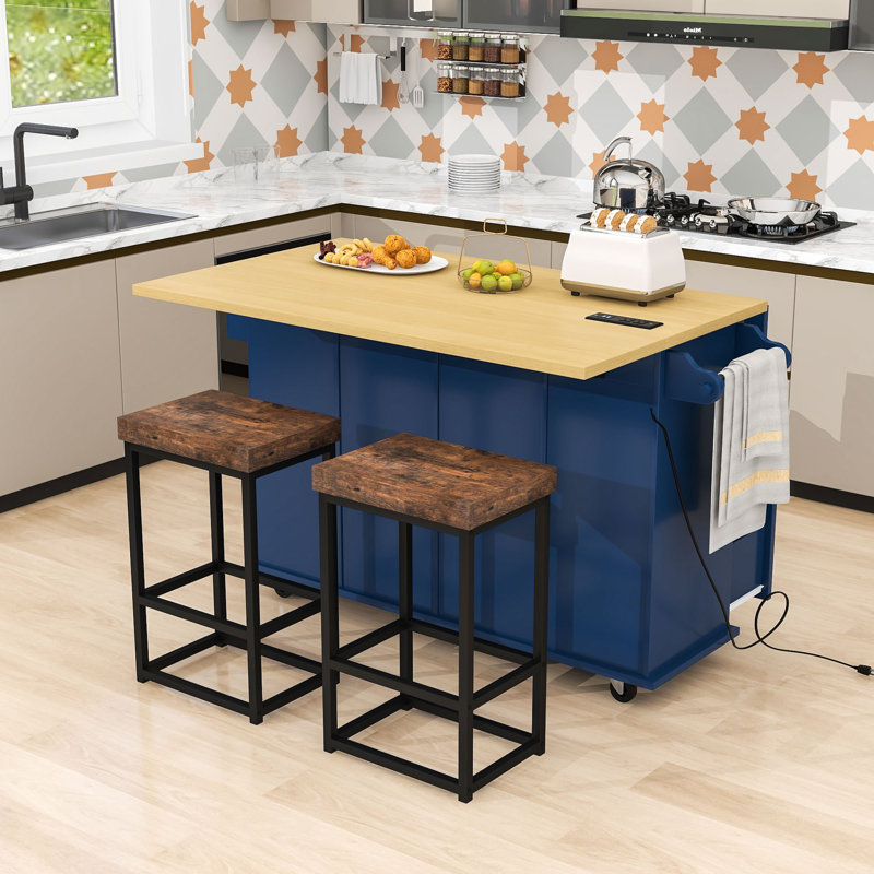 Rijwana 4 Drawers Kitchen Island Set With Drop Leaf And 2 Seatings, Blue