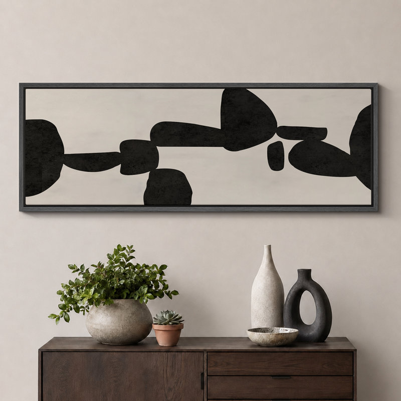 Abstrait abstrait géométrique noir Mid-Century, H 20 po x l 60 po, Noir, noir, noir, noir