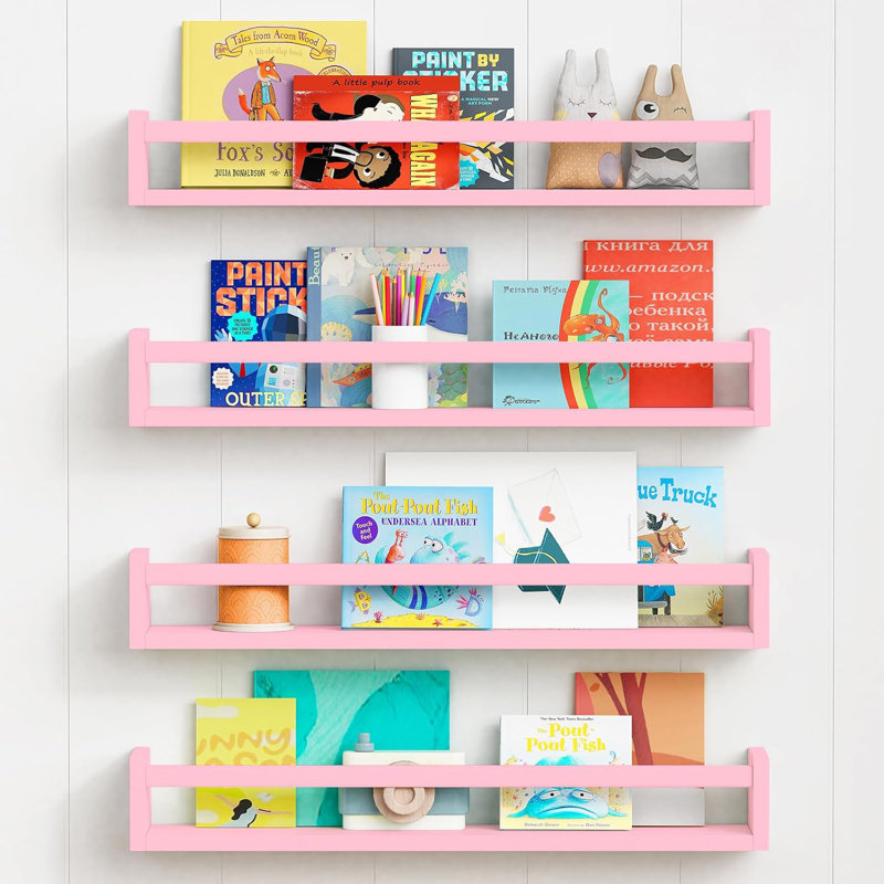 Natural Wood Floating Bookshelves For Wall, 24 Inches Long Nursery Bookcase For Kids Room, Bedroom, Playroom Organizer, Wall Mounted Shelf Set Of 4