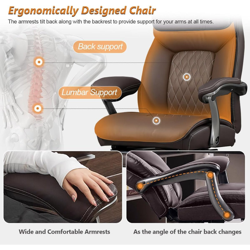 HDHNBA Reclining High Back Executive Chair Adjustable Lumbar Support Retractable Footrest Swivel Casters, Brown