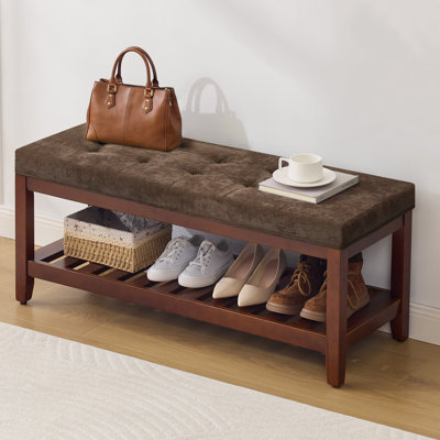 44" Farmhouse Shoe Storage Bench with Upholstered Chenille Seat, Solid Wood Entryway Bench with Shoe Rack Shelf