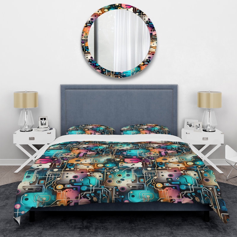 Techno Matrix Futuristic Dreams Edm Pattern Geometric Shapes Duvet Cover, King Duvet Cover + 2 King Shams