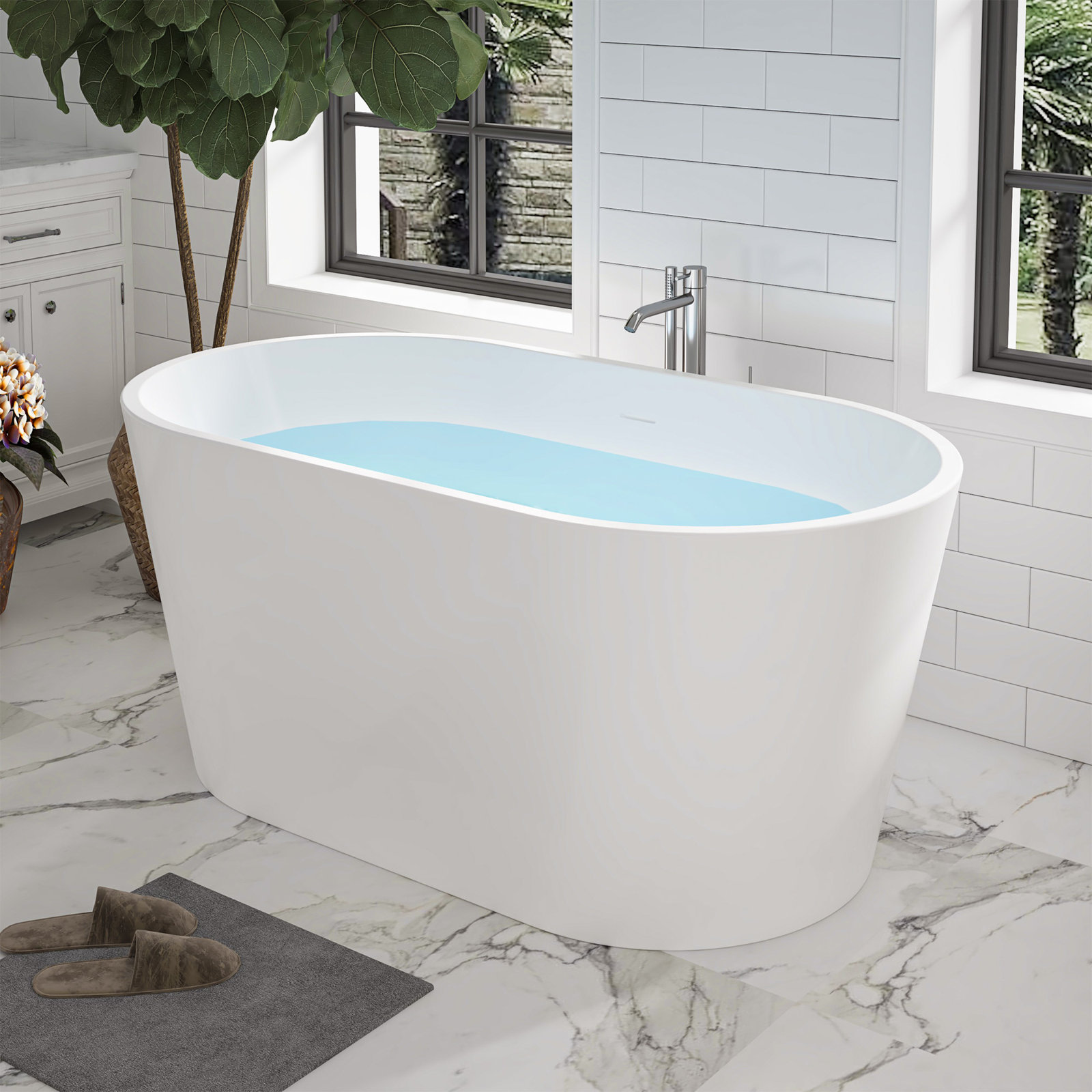 Iris 54" Freestanding Soaking Acrylic Bathtub, White/Integrated Overflow
