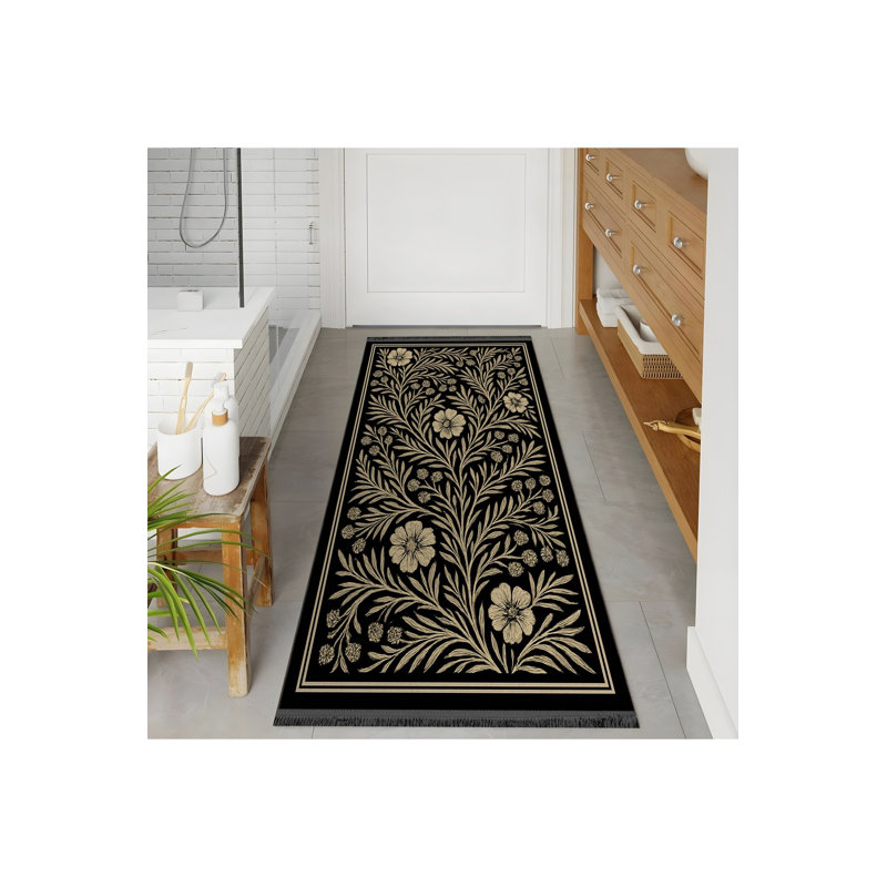 Tapis noir tissé à motif floral lavable Mosso, 2 pi 4 po x 3 pi 11 po