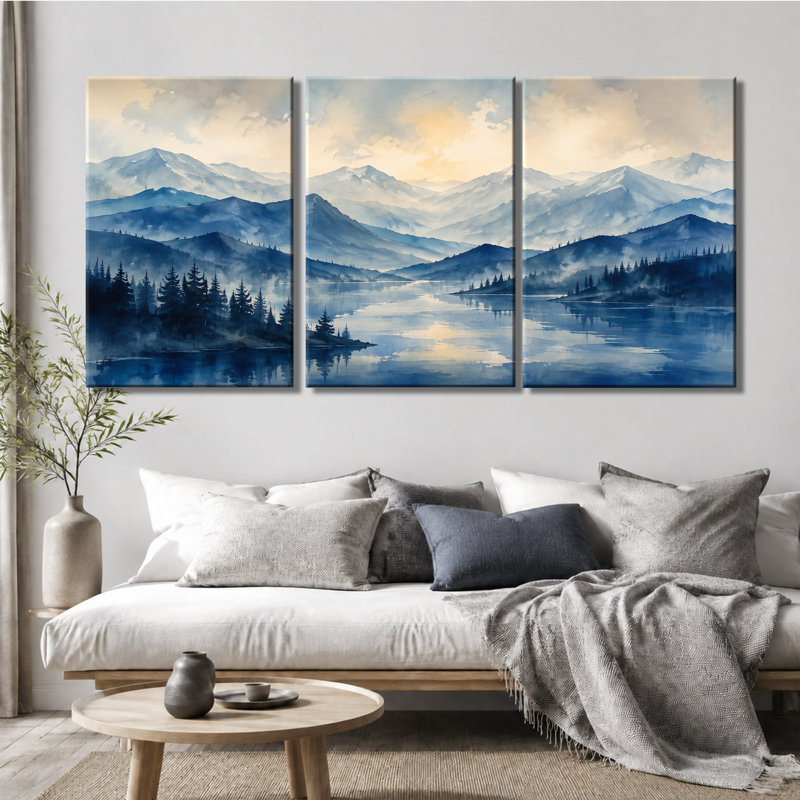 Impression sur toile tendue à 3 panneaux, art de montagne bleu, 16*24inch*3