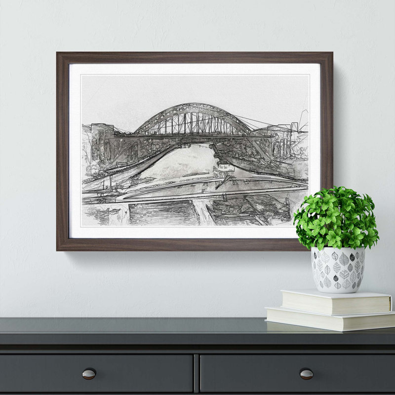 Tyne Bridge Linking Newcastle in Abstract - Picture Frame Graphic Art Print, 62cm H x 87cm W x 2cm D, Walnut Framed