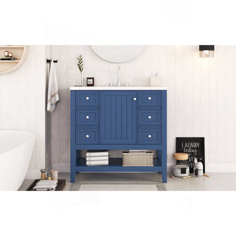 Meuble-lavabo 36 po avec lavabo, une armoire et trois tiroirs, panneau de bois massif et panneau de fibres à densité moyenne, bleu