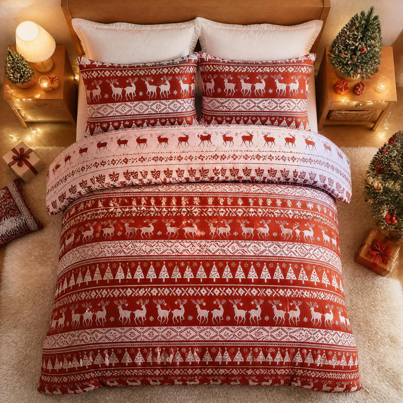 Christmas Reindeer and Tree Reversible Duvet Cover Set, 90"x90"