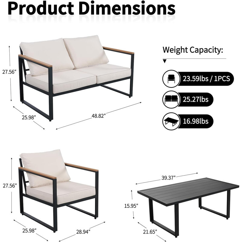 Ensemble de meubles de patio 4 pièces avec cadre noir et coussins beiges - Ensemble de conversation extérieur en métal durable avec table basse pour cour, balcon et patio