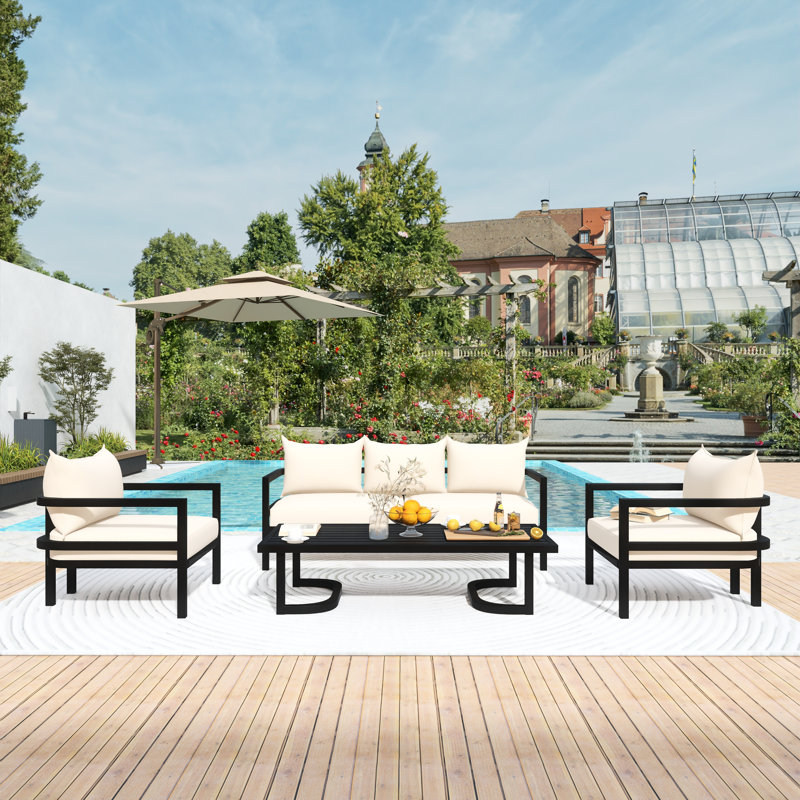 Ensemble de conversation modulaire d'extérieur 4 pièces avec coussins beiges et table basse 4 pièces, Beige