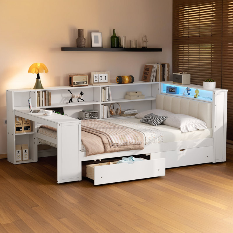 Lit plateforme double multifonctionnel avec fonctions intelligentes, Blanc