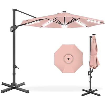 Products 10Ft Solar LED Cantilever Patio Umbrella, 360-Degree Rotation Hanging Offset Market Outdoor Sun Shade For Backyard, Deck, Poolside W/Lights, Easy Tilt, Cross Base
