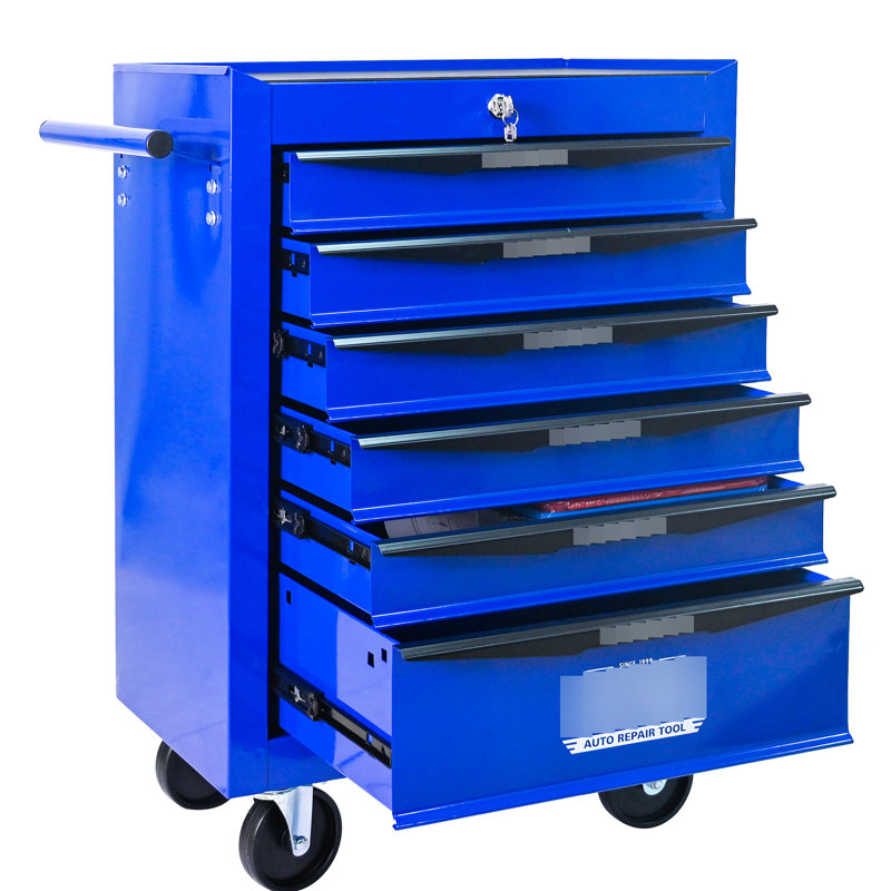 6 Tool Chest Cabinet, 20" Black And Blue Steel, Bearing Drawer Slides, 4 Wheels, Lockable, Pull Handle Workshop Trolley, Steel Material, + Blue, Drawers, , Lockable Design
