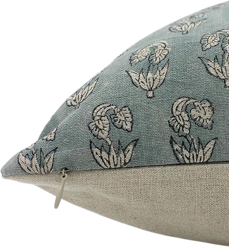 Linen Block Print 20x20 Cushion Cover, Decorative Throw Pillowcase, Floral Print Linen Cushion - SUPERSTAR, 20" x 20"