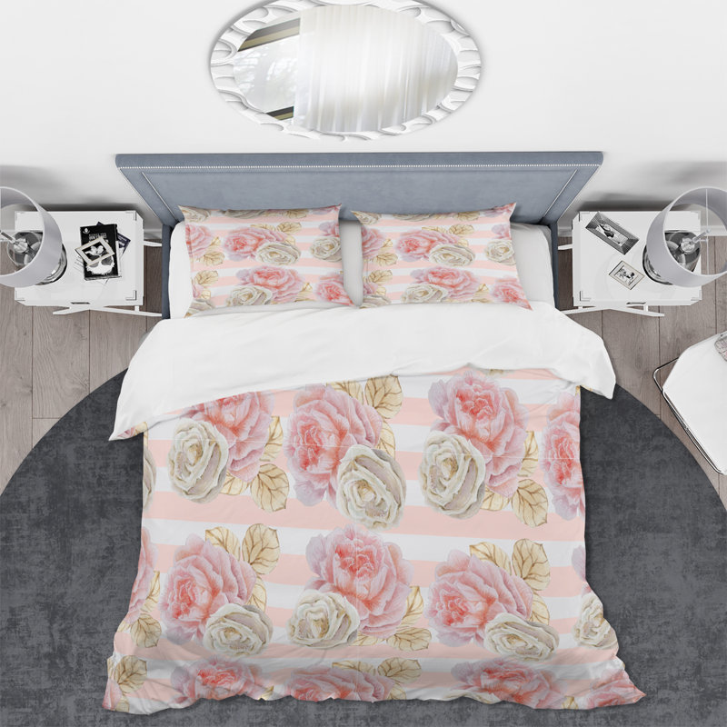 Roses de mariage blanches et roses - Ensemble de housse de couette traditionnel - Microfibre de polyester