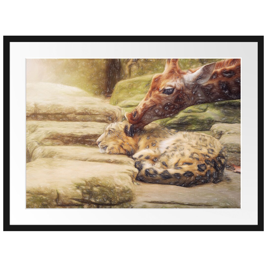 Gerahmtes Poster Leopard und Giraffe