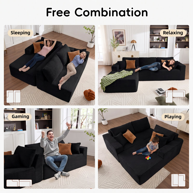 Boneless Corduroy Sleeper Sofa Convertible Sofa Bed Modular Sectional Sofa - No Assembly Required, Black
