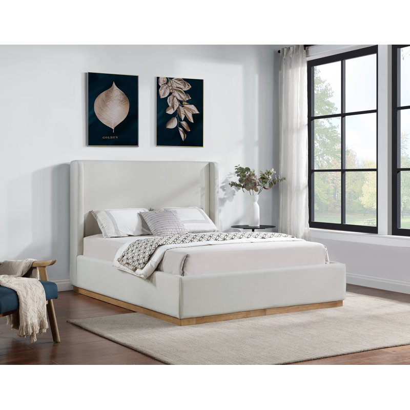 Earby Upholstered Panel Bed, Queen, Cream Linen Textured Fabric