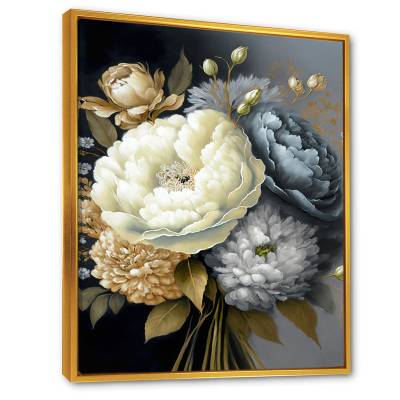 Art mural encadré blanc, bleu et gris - pivoines II, H 20 po x l 12 po x P 1 po, Cadre flottant doré