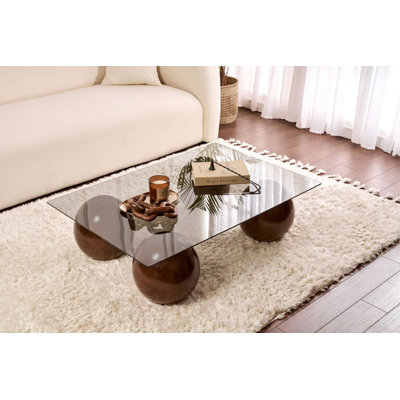 Modern Coffee Table with Tempered Glass Top, Walnut & Grey, 43.3 x 11.8 x 29.5 inches | 100% Tempered Glass (0.24 inches Thick) & Polyurethane Casting Legs | Stylish Design for Living Room, Elegant & Durable