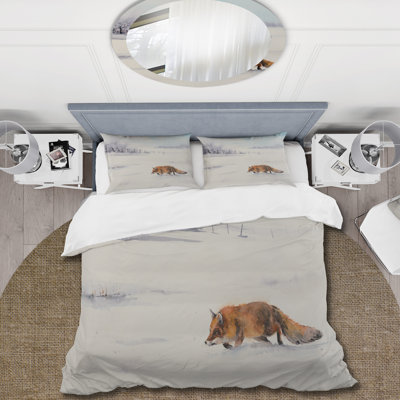 Renard roux qui court en neige blanche I - Ensemble de housse de couette Farmhouse - Microfibre de polyester