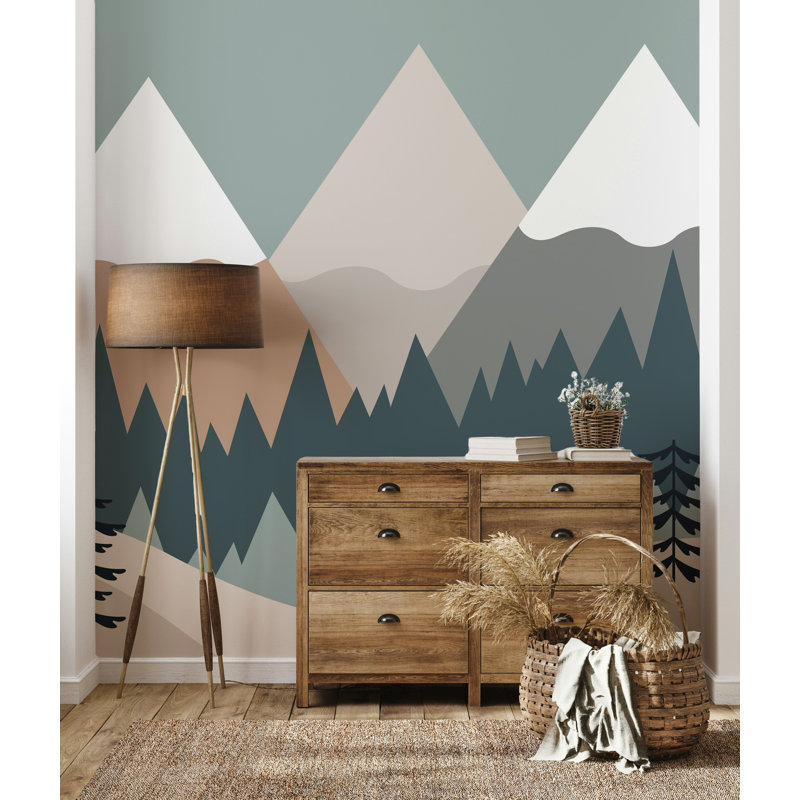 Papier peint amovible Snowy Row of Geometric Mountains Forest, L 98,04 po x l 120 po