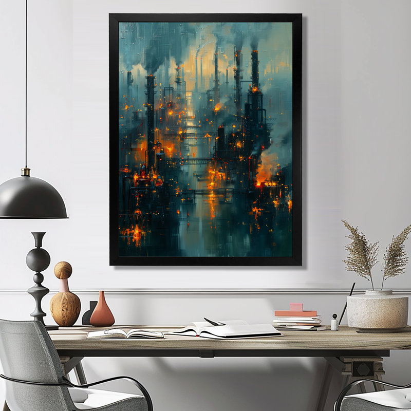 Bleu, bleu, usines, paysage industriel II, usines, art mural, salon, H 20 po x l 12 po x P 1 po, Toile encadrée noire simple