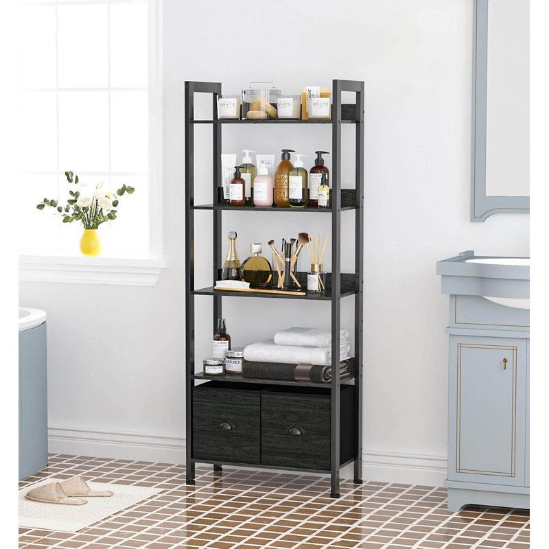 5-Tier Bookshelf, Tall Bookcase With 2 Storage Drawers, Black Oak