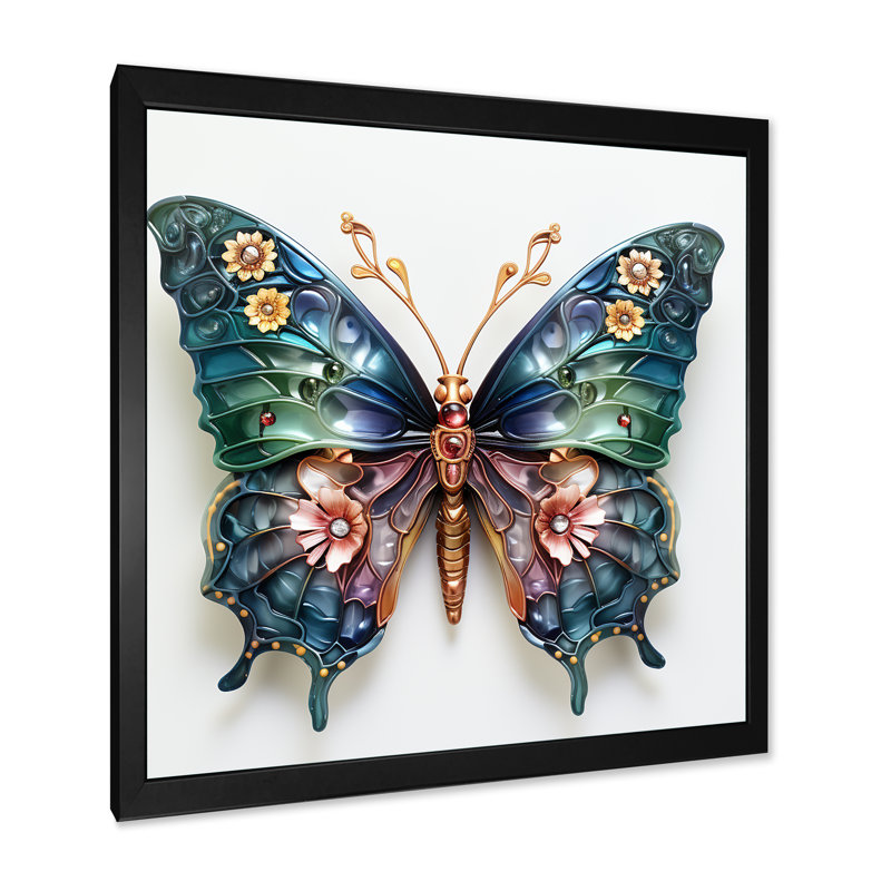 Papillon bleu et rose en cristal IV - art mural papillon, Cadre simple noir, H 36 po x l 36 po x P 1,5 po