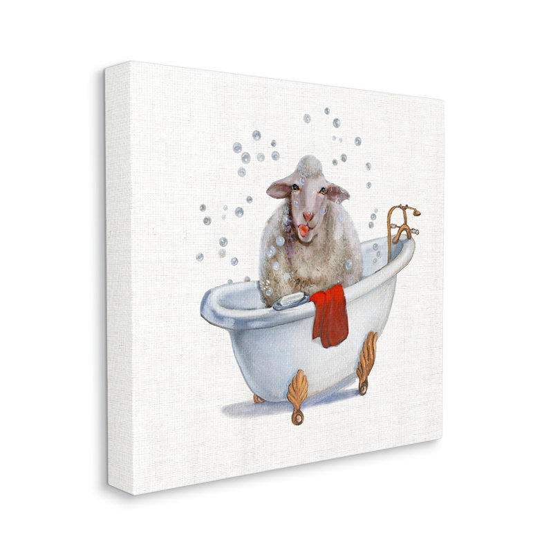 " Shaggy Sheep In Bubble Bath Playful Farm Animal " by Donna Brooks Painting Print, Wood Plaque, 30" H x 1.5" W x 30" D